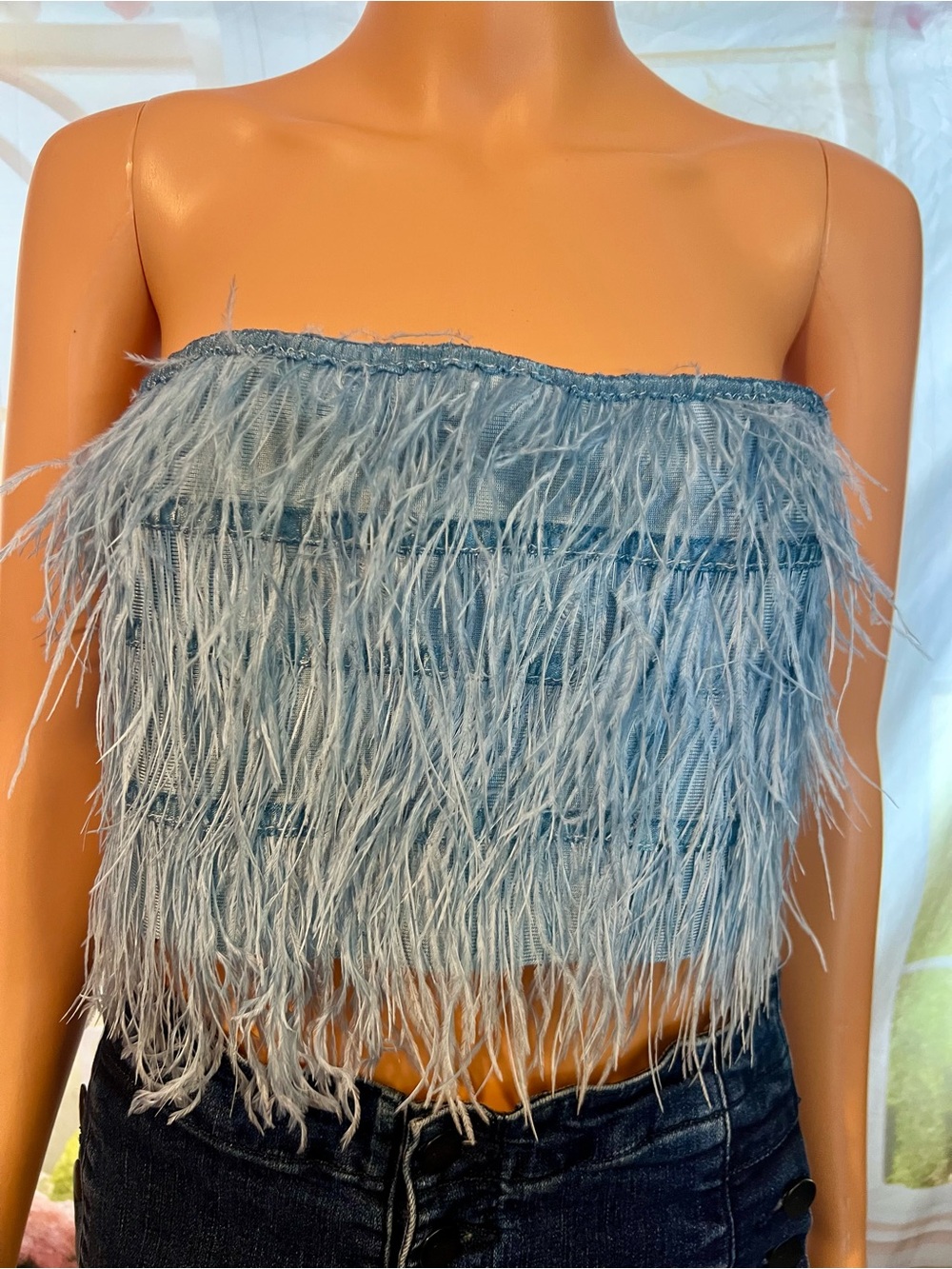 Light Blue Feather-Trim Strapless Crop Top - Picture 1 of 5